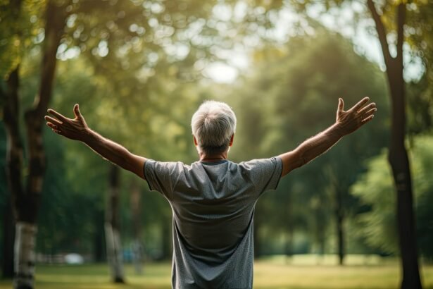 a pensioner stands in the park and stretches out his arms. enjoy life in old age, stay fit and healthy. Generative AI